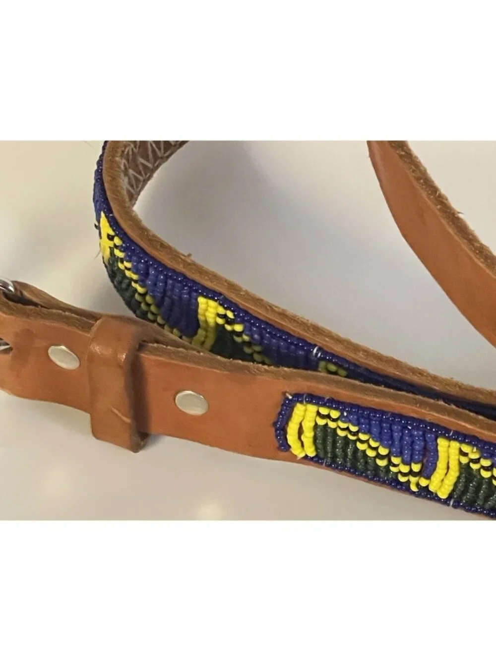 Maasai Inspired Beaded Leather Belt Blue Green Yellow Handmade 36